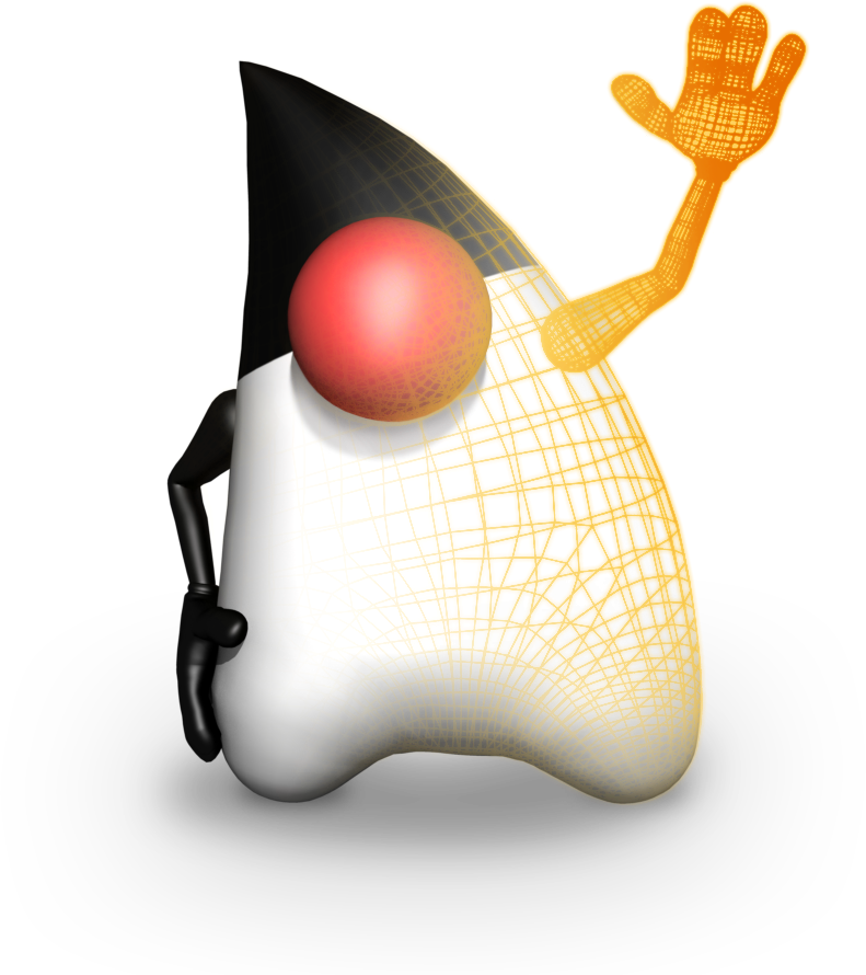 Duke, the java mascot, waving as his body is disintigrated as an orange wireframe on one side